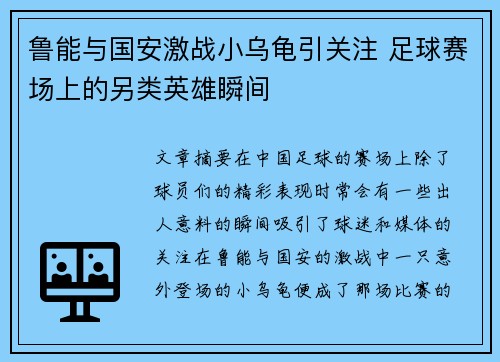 鲁能与国安激战小乌龟引关注 足球赛场上的另类英雄瞬间